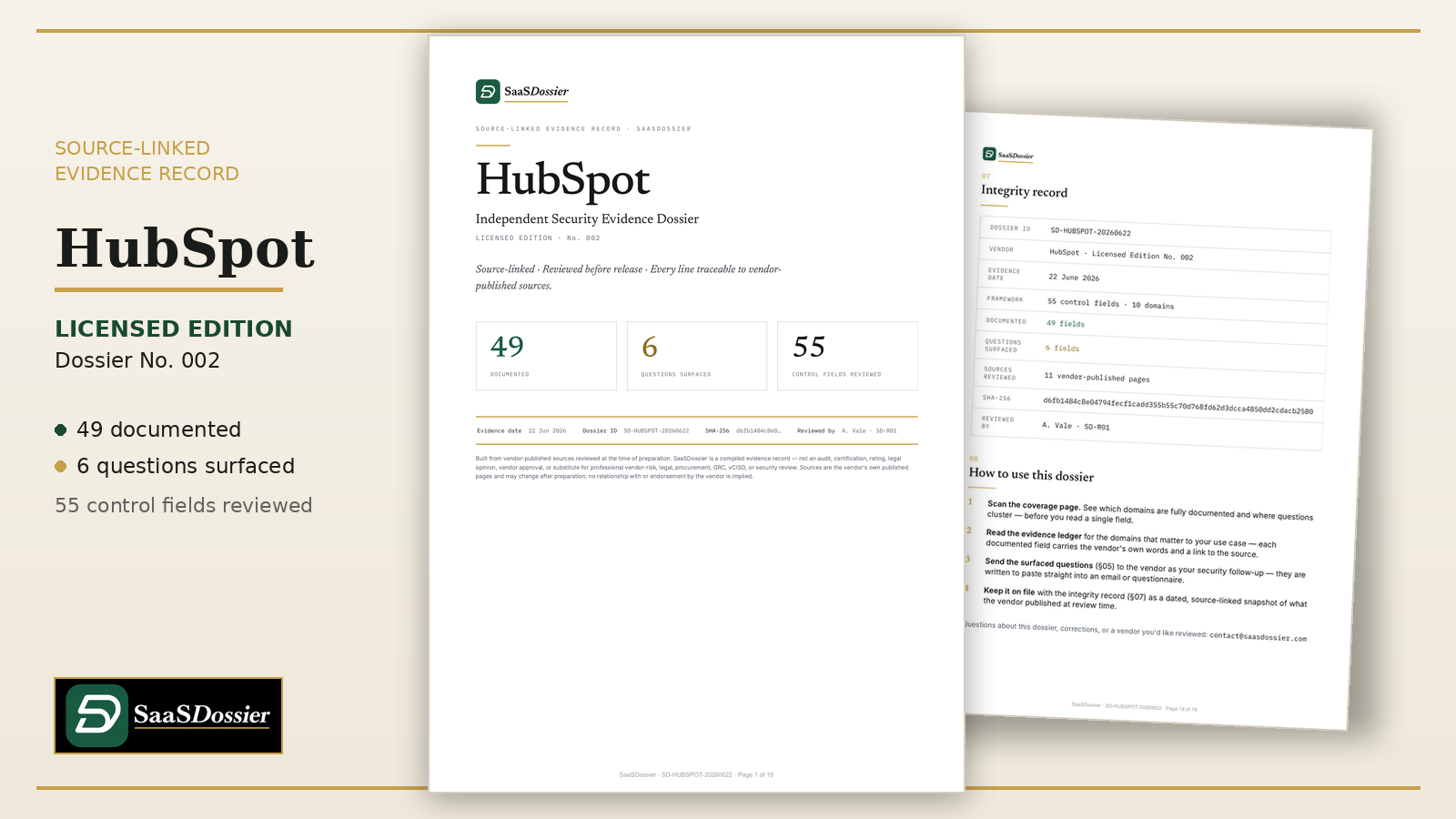 Cover of the HubSpot Security Evidence Dossier — Licensed Edition, Dossier No. 002